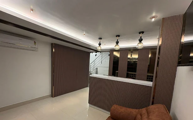 Reception counter in a timber-panelled lounge
